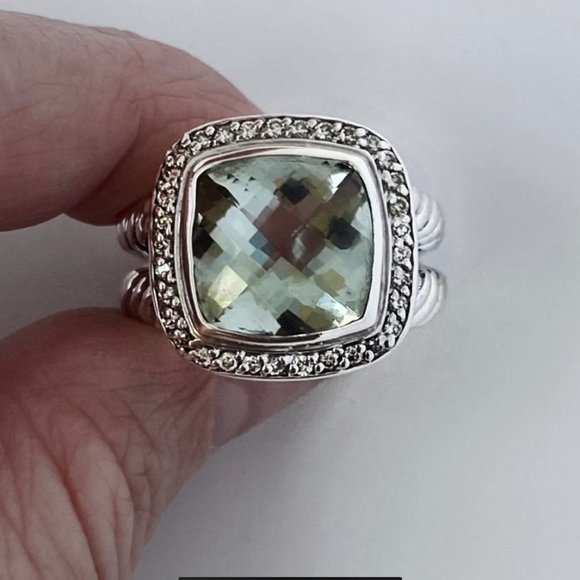 INCLUDES-PAPERWORK David Yurman 11mm Albion Prasiolite & Diamond Ring - Picture 6 of 12